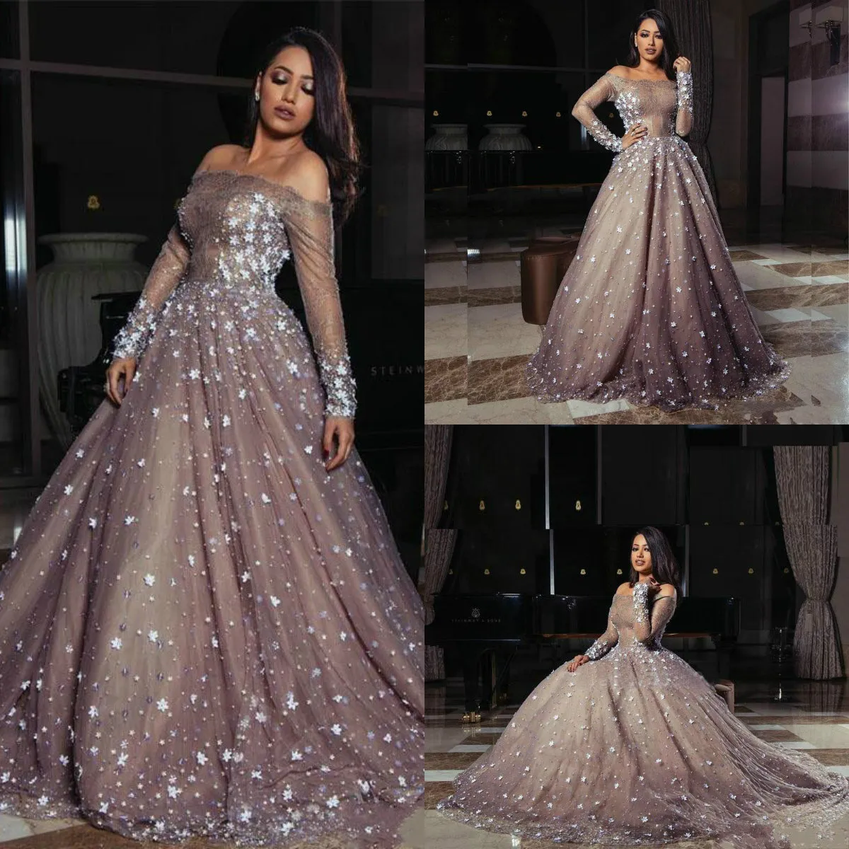 Arabic Formal Evening Dresses 2020 Luxury Long Sleeve Tulle Appliques Sweep Train Prom Dress Party Wear Off The Shoulder Women Gowns