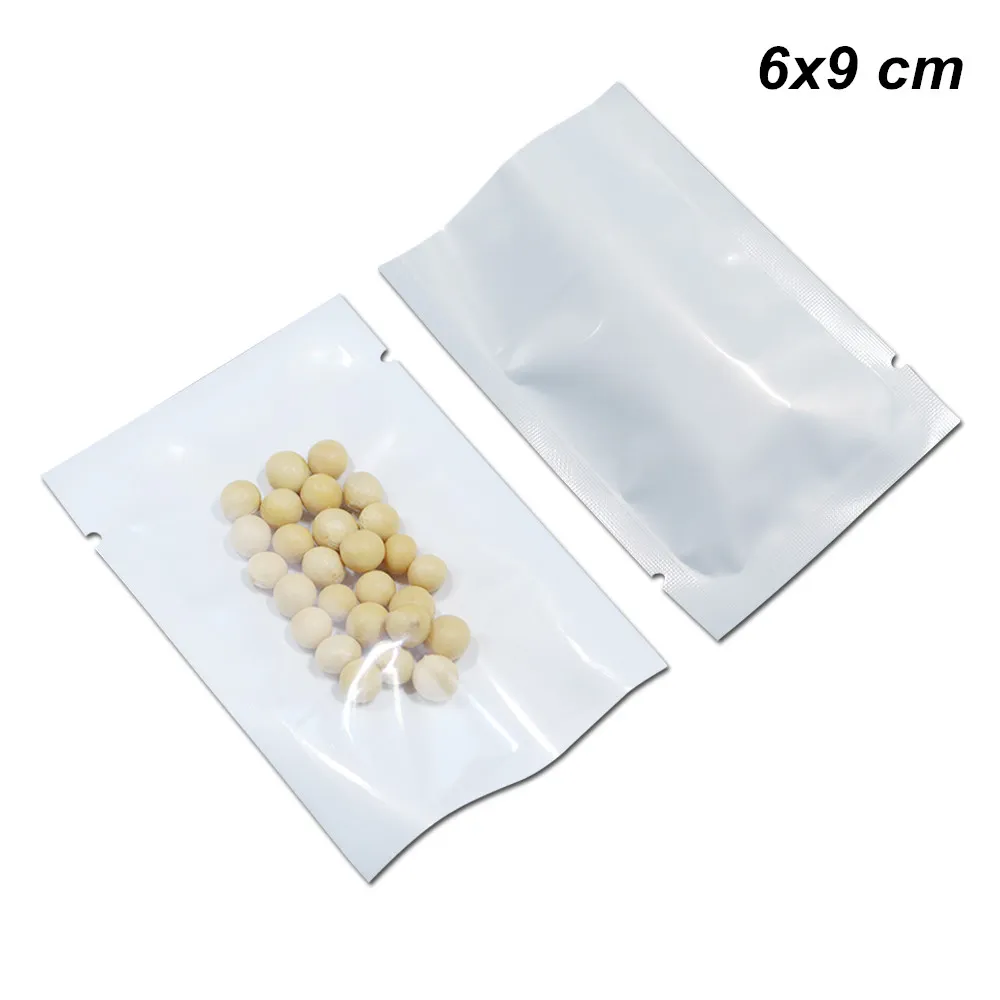 300pcs Lot 6x9 cm Clear / White Open Top Poly Plastic Heat Sealing Food Grade Packing Bags Vacuum Poly Pouch for Sugar Nuts with Tear Notch