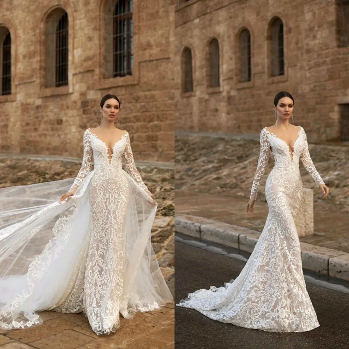 Elegant Mermaid Wedding Dress with Detachable Lace Sleeves