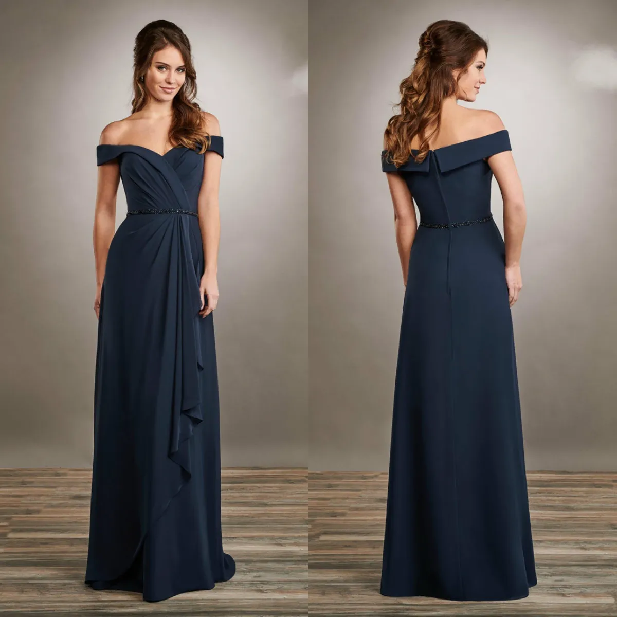 2020 Mãe elegante do ombro vestidos de noiva azul escuro Off Lace Chiffon vestidos de noite até o chão Além disso Vestido de Noiva Tamanho Visitante