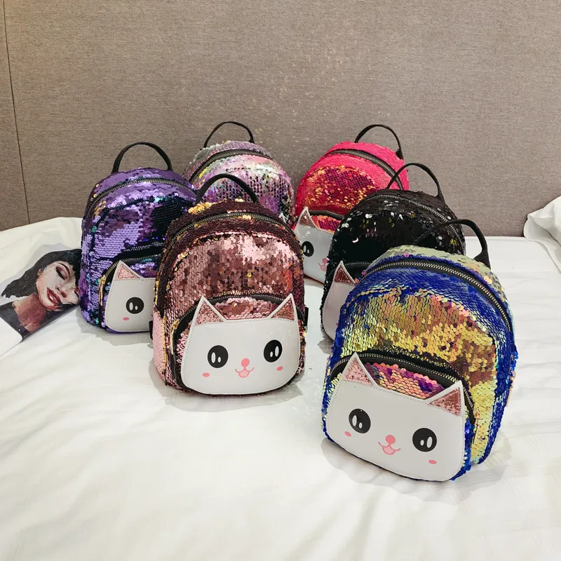 Enfants Sac à dos Enfants coréens 2019 Nouveaux paillettes de chat mignon PU en cuir PU Sacs à dos garçons Girls Stud Sac Sac Sac à main de luxe de luxe