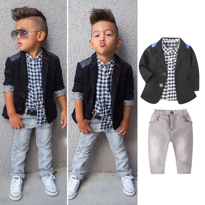 Ins Moda Niños bebés de manga larga de celosía camisa + juego + pantalones vaqueros traje Ins Moda Niños bebés de manga larga de celosía camisa + juego + pantalones vaqueros traje
