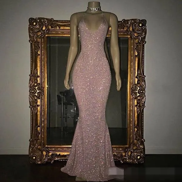 Pink Sequins Blush Robes de bal sirène Spaghetti Longueur du sol 2019 plus taille de soirée de soirée de soirée de soirée sur mesure