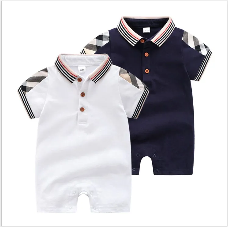 Retail Baby Merk Kleding Zomer Korte Mouw Rompertjes Peuter Katoen Jumpsuits Baby Turn-down Kraag Onesies Pasgeboren Een Stuk 0-24Months