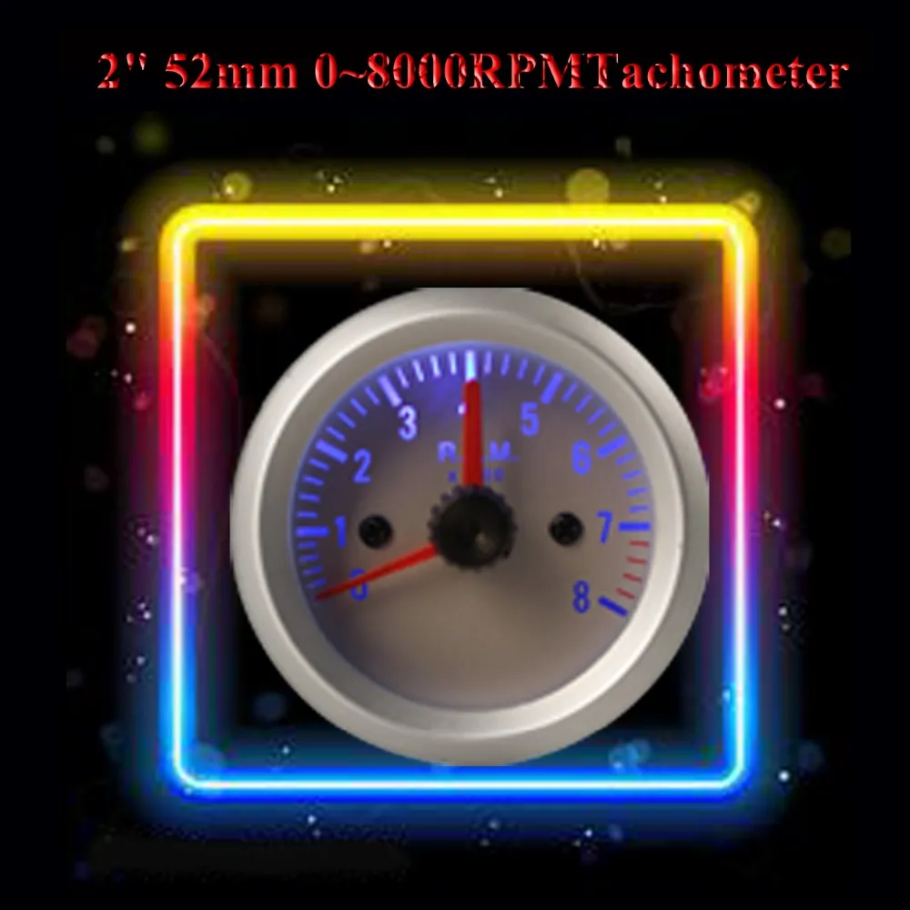 Freeshipping Hot Sale! New arrival! 0~8000RPM 2" 52mm Blue Light Tachometer Tach Gauge with Holder Cup for Auto Car