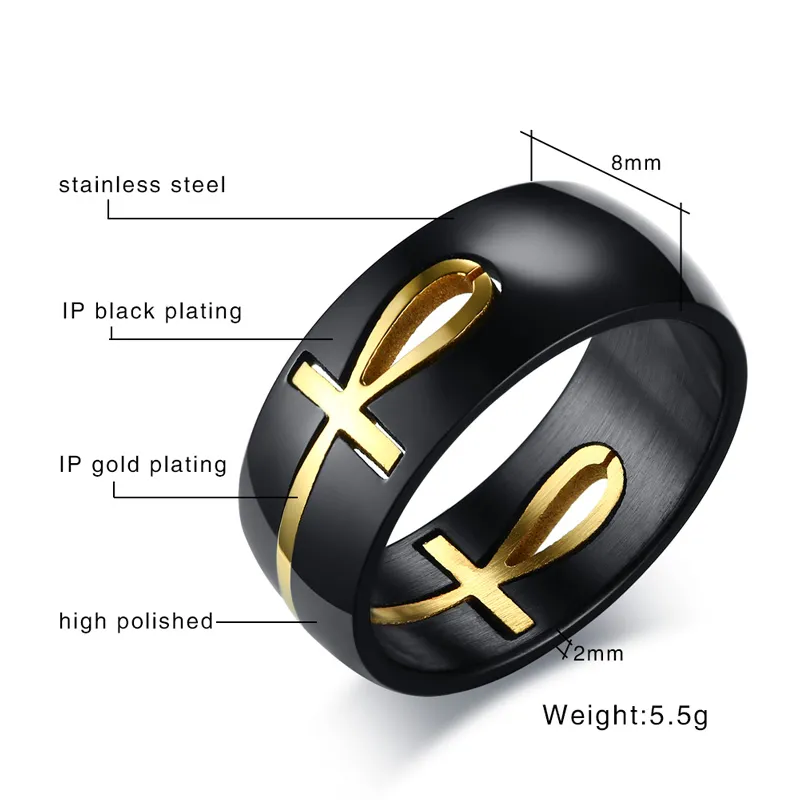 Betydelse Life Egyptian Ankh Two Tone Black Gold Anniversary Rings in Stainless Steel261n