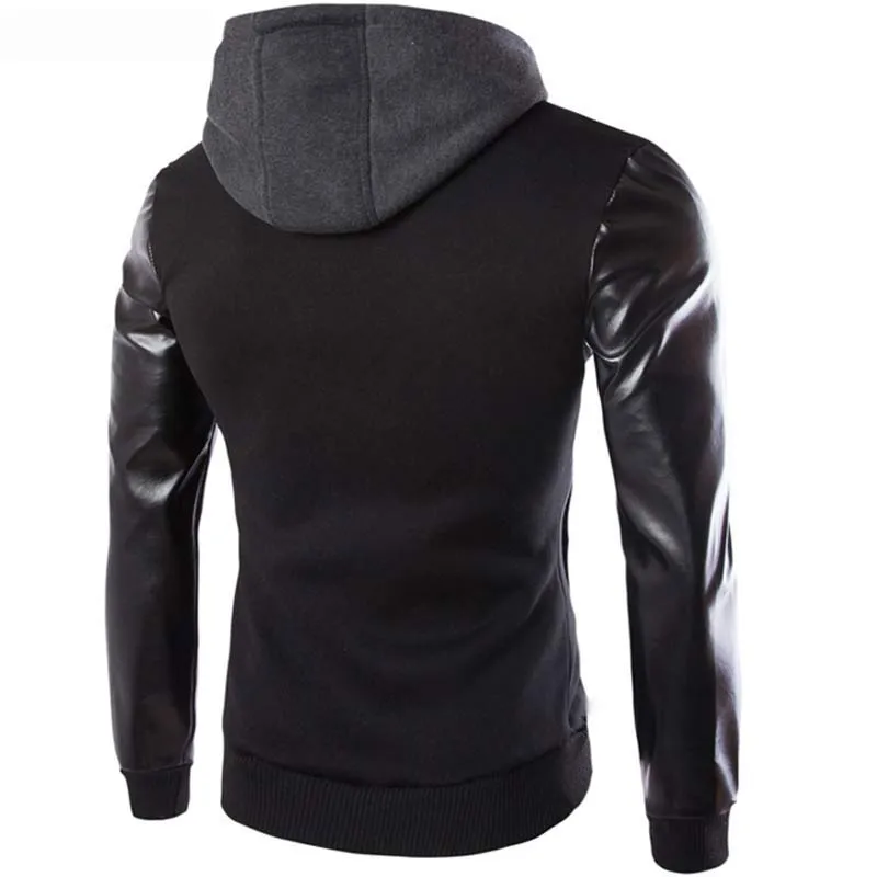 Mens Cool Hooded Pu Leather Sleeve Bomber Snow Jackets Men 2017