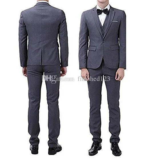 Novo Popular Um botão Escuro Cinza Noivo TuxeDos Notch Homens Homens Suits Casamento / Prom / Jantar Best Man Blazer (jaqueta + calça + colete + gravata) W227