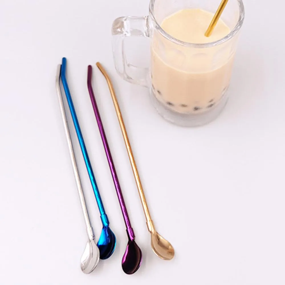 US Stock! Kreativ dryck Sand Ice Mixing Sked 304 Rostfritt Stål Straw Spoon Mate Tesked Kaffe Spoon Dricker Straw FY4147