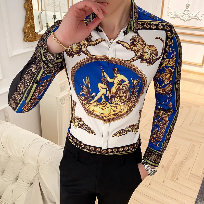 Camisa Masculina Long Sleeve Shirt Man Four Golden Leopard Print Slim Fit Casual Shirts Summer New Mens Club Social Top226B