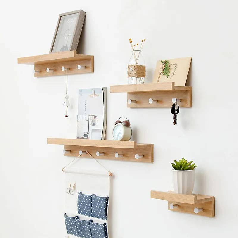 Creative Wall Hanging Solid Wood Hook Rack Nordic Partition Shelf Wall Shelves Coat Hooks DIY Living Room Home Decor Key Hook T200275S