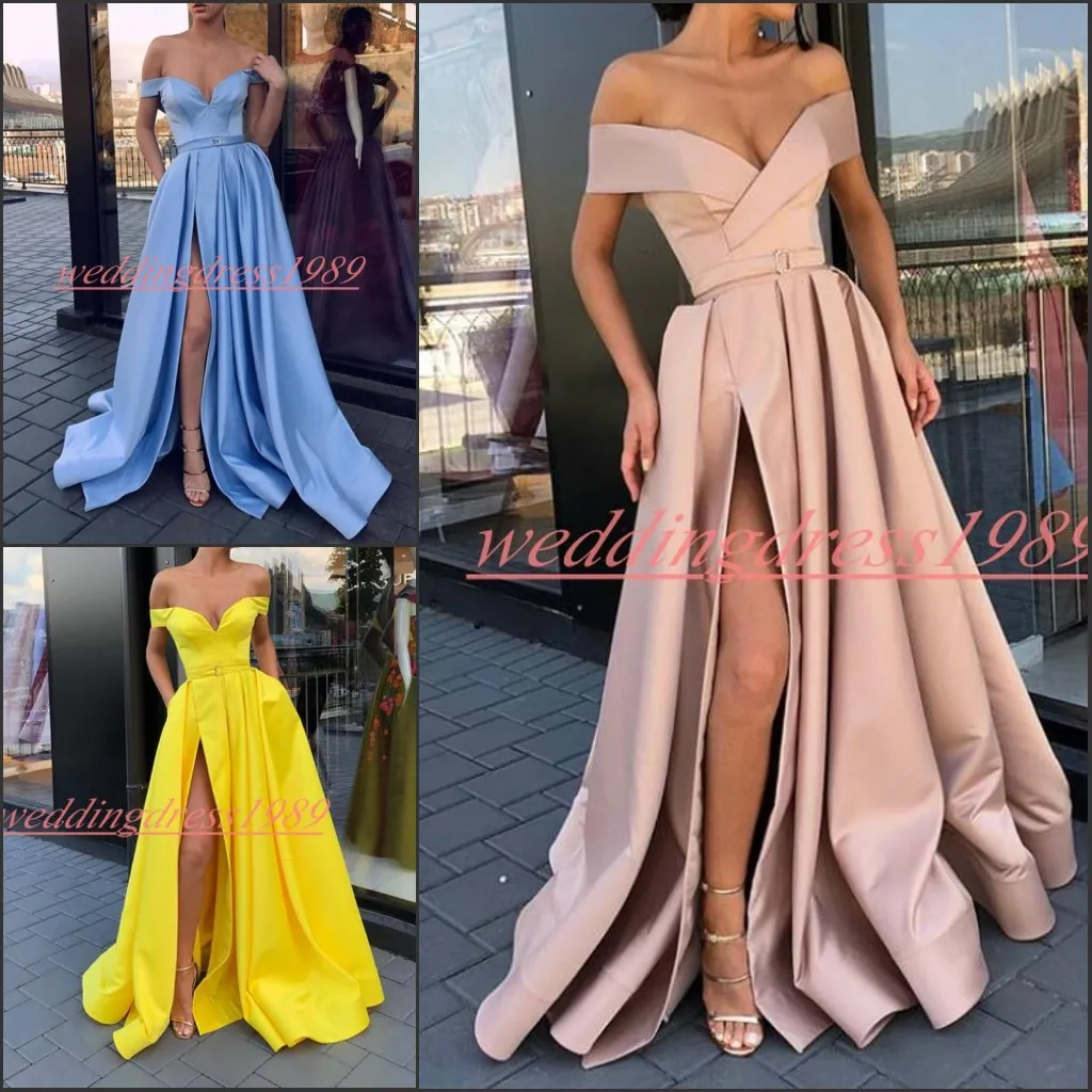 Elegant High Split Off Shoulder Prom Dresses met Pockets Party Jurken Juniors Lange Avondjurk Juniors Speciale Gelegenheid Meestal