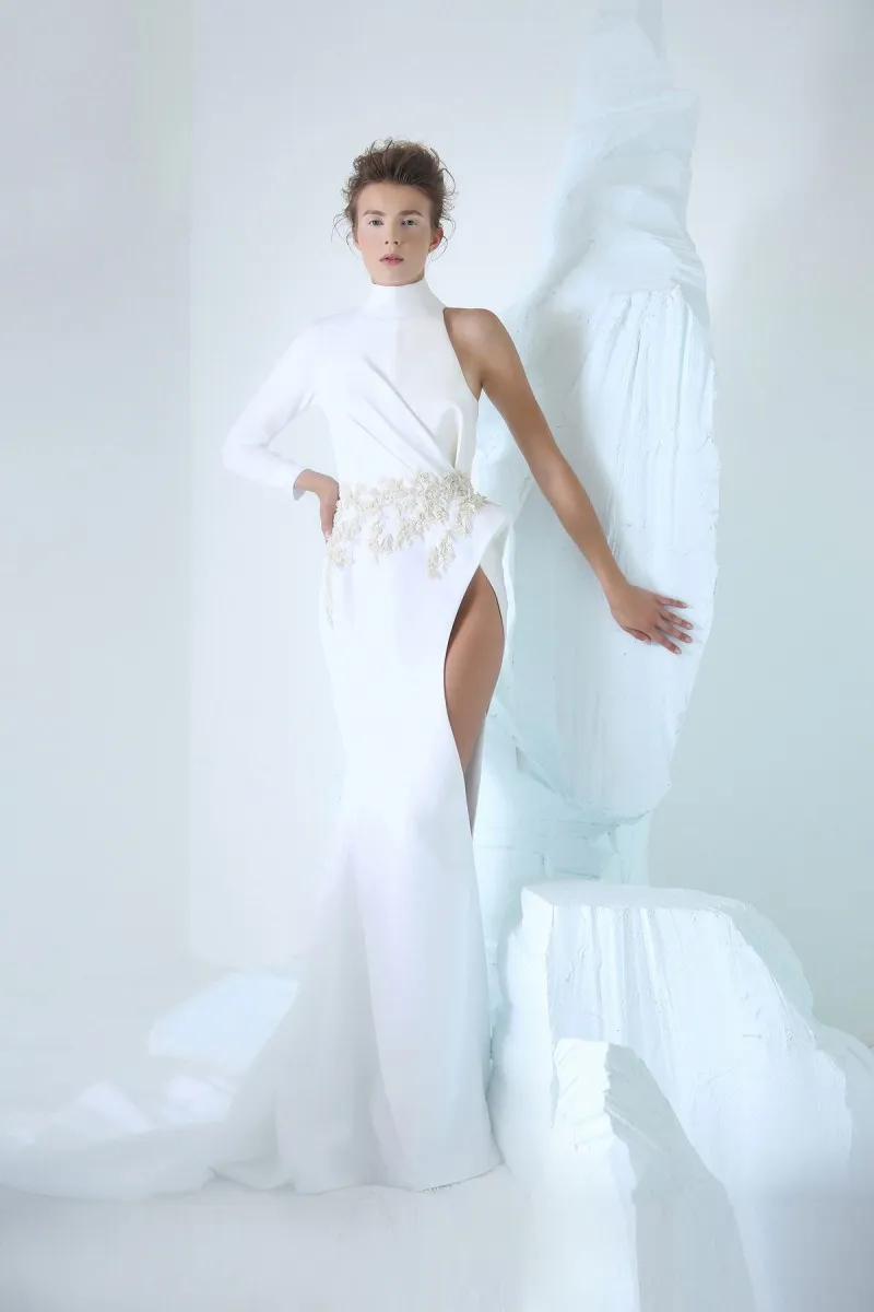 Azzi Osta 2019 Nouvelle Sirene Robes De Bal Col Haut Une Epaule Appliqued Celebrity Robes De Soiree Haut Cote Split Robe De Soiree Formelle Du 107 61 DHgate