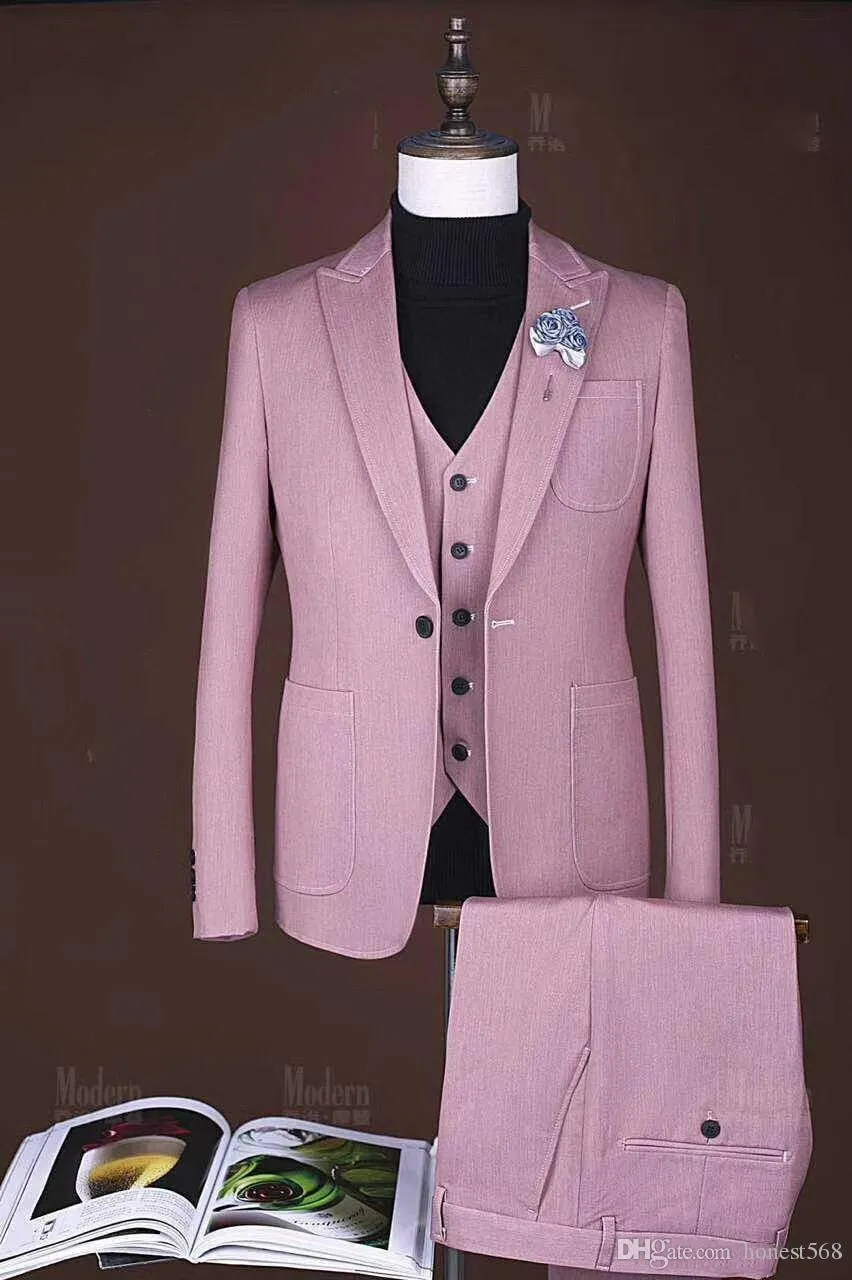 Przystojny Przycisk One Groomsmen Peak Lapel Groom Tuxedos Mężczyźni Garnitury Spodnie Ślubne Płaszcz Design Best Man Blazer (Kurtka + Spodnie + Kamizelka)