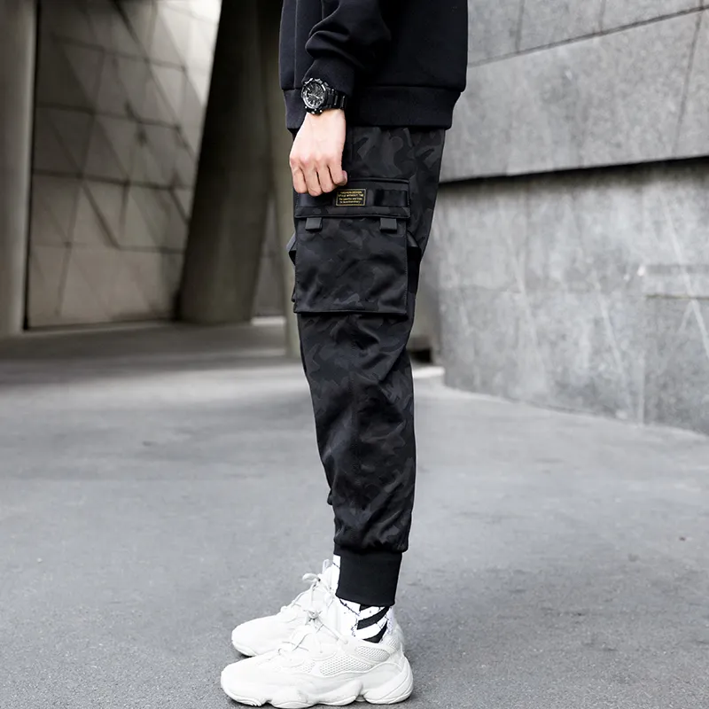 Hip Hop Boy Multi-pocket Elastic Waist Design Harem Pant Men Streetwear  Punk Trousers Jogger Male Dancing Black Cargo Pants