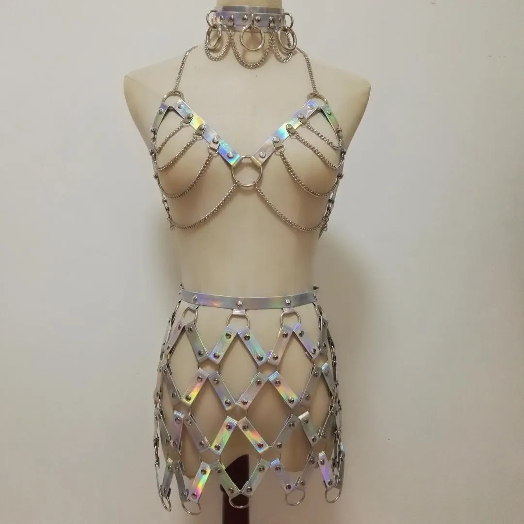 Donne Punk Harness Holographic Laser Leather Handmade Body Bondage Sexy gonna a rete Cintura toracica moda girocollo catena d'argento Bra1341e