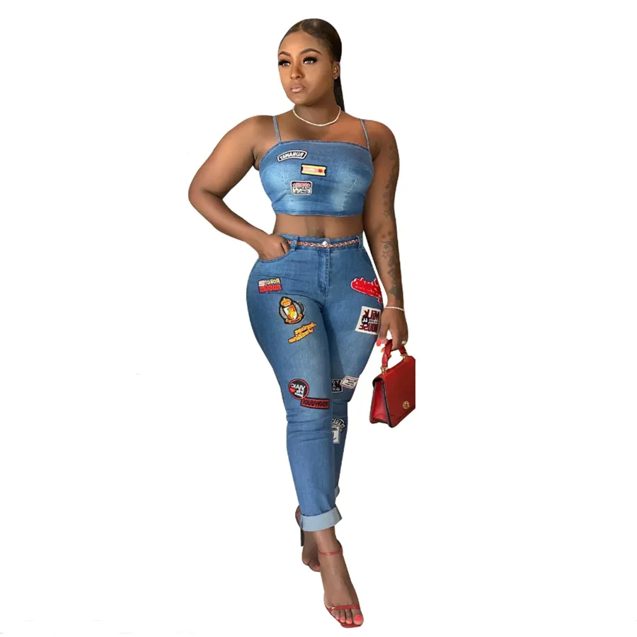 Cute Pattern Two Pieces Women Jeans Sets Spaghetti Slash Neck Sleeveless Short Top and Fashion Denim Pants Outfits Girls Streetwear Pants