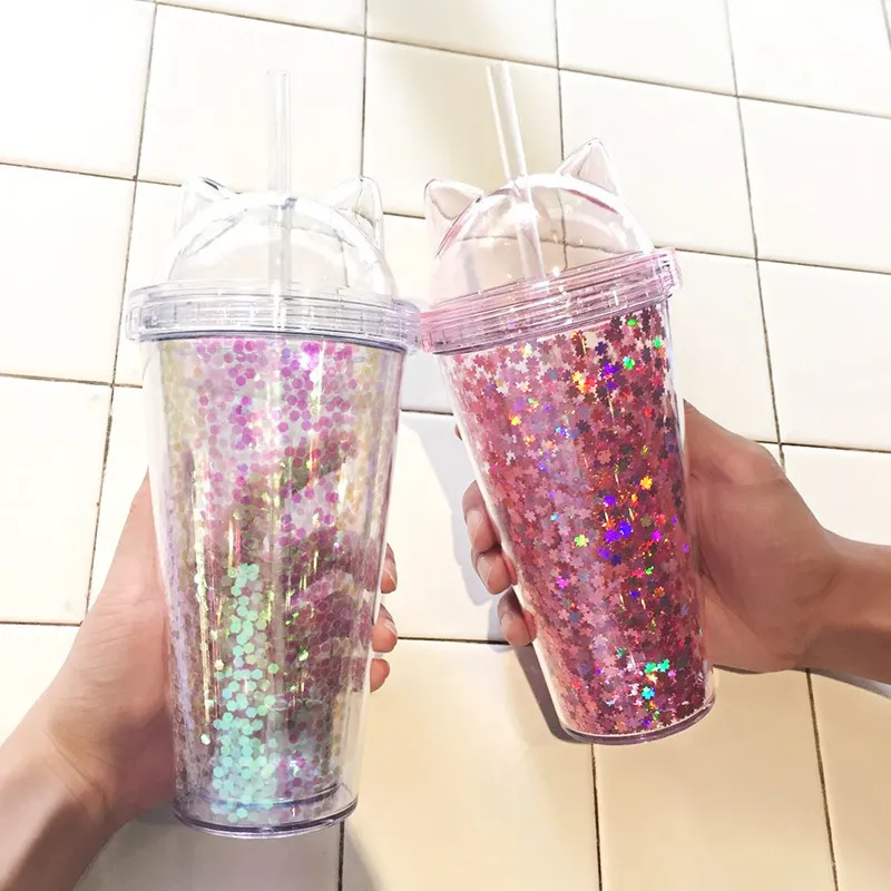 Cat Ear Flashing Double Layer Cup Cute Cartoon Creative Plastic Cups Tumbler Sequin Juice Wine Bottle With Straw Gift Cup 3 Color BH2242 CY