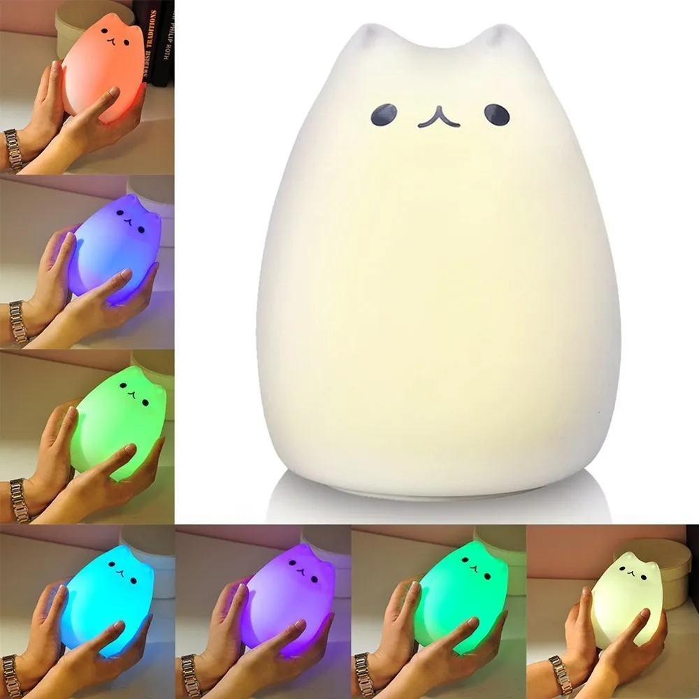 Topoch LED Night Light USB Oplaadbare siliconen schattige katten doos kwekerij lichten met warme witte en 7-kleuren ademhalingsmodi voor kinderen baby kinderen