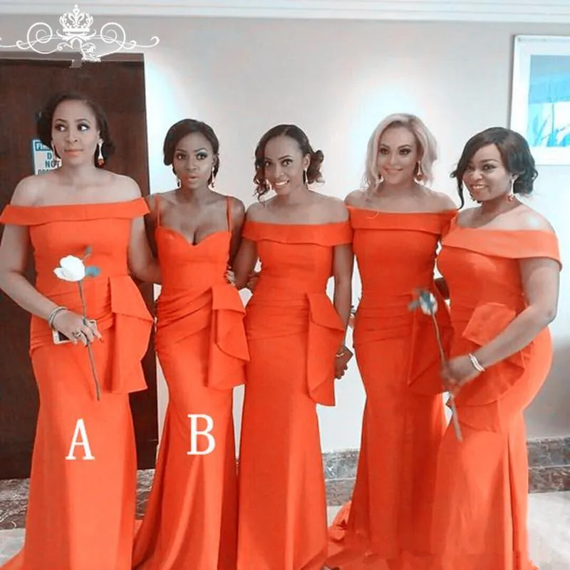 Afrikanska sjöjungfru brudtärna klänningar satin plus storlek utanför axeln Ruched Wedding Guest Gowns Orange Prom Evening Party Dresses A44
