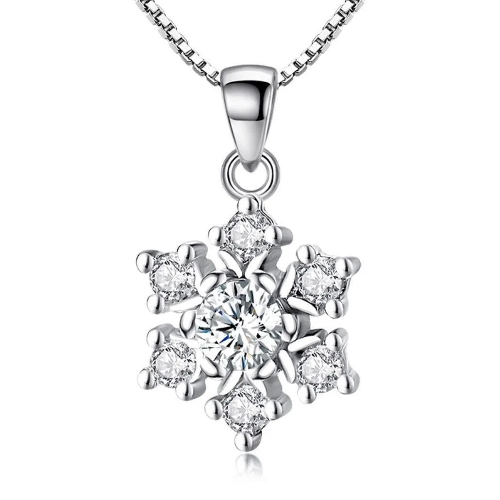 Snowflake Pendant Neckaces Utsökt gåva Imitation 925 Sterling Silver Jewelry Cubic Zirconia Chain Choker Collares Plated Silver Necklace