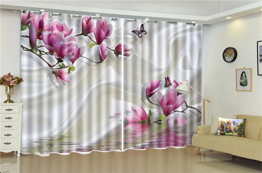 Lågt pris Sovrum Gardin Promotion Vit Silk Delikat Blommor Fjäril 3D Digital Utskrift HD Praktiska Vackra Gardiner