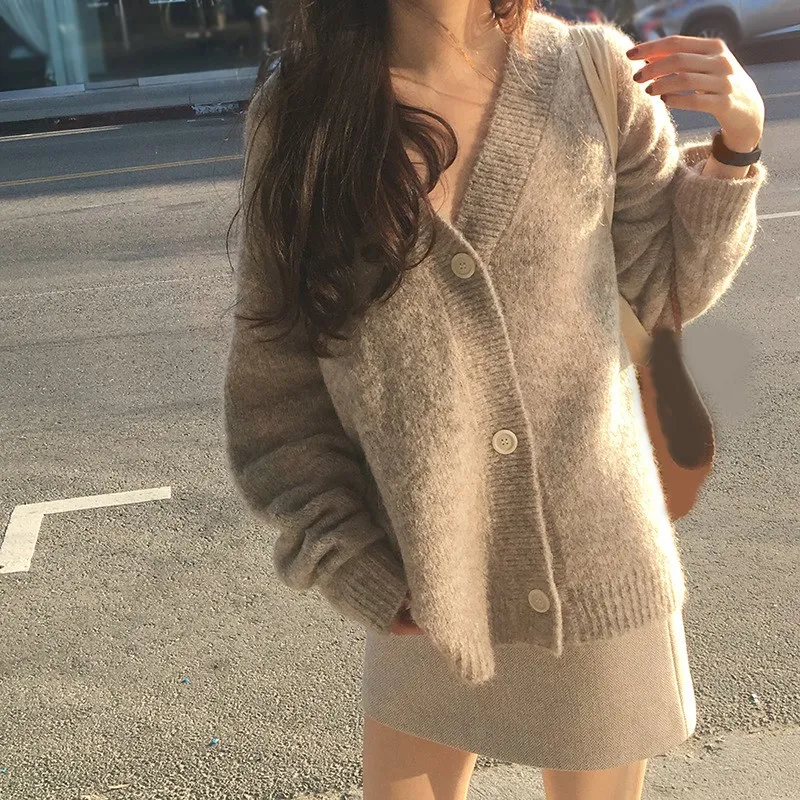 New Winter Women Cardigan Coat Loose Long Sleeve Thick Mohair Sweater Casual Female Solid Knit Sweater Coat