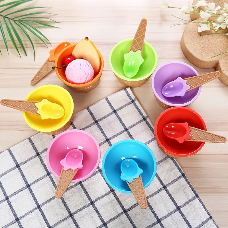 Mignon bol de crème glacée en plastique avec cuillère Dessert écologique bols à tarte colorés ensemble de conteneurs tasse vaisselle pour enfants M1460