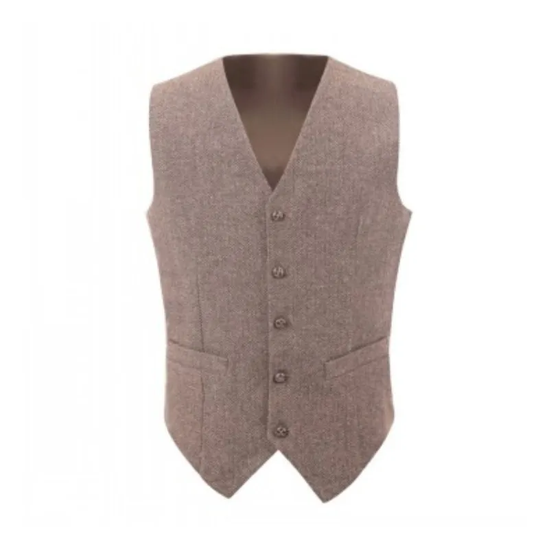Vintage Brown Groom Västar 2019 Tweed Vest Wool Herringbone Fem Knappar Mäns kostym Västar Slim Fit Mäns Klänning Vest Bröllop Waistcoat