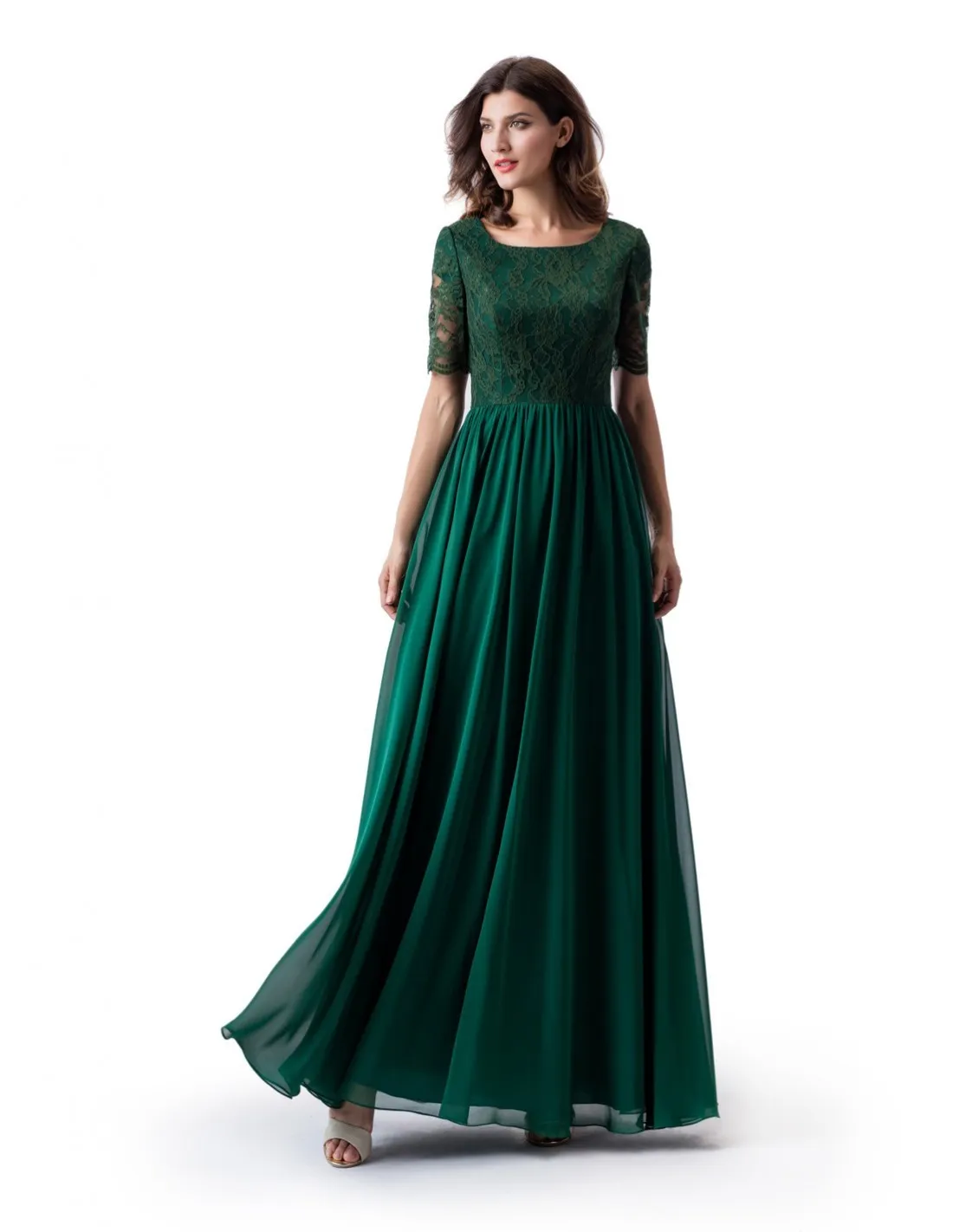 Verde escuro a linha longo modesto vestido de baile com mangas meia rendas topo chiffon saia do assoalho womrn formal vestido de noite qua vestido de festa