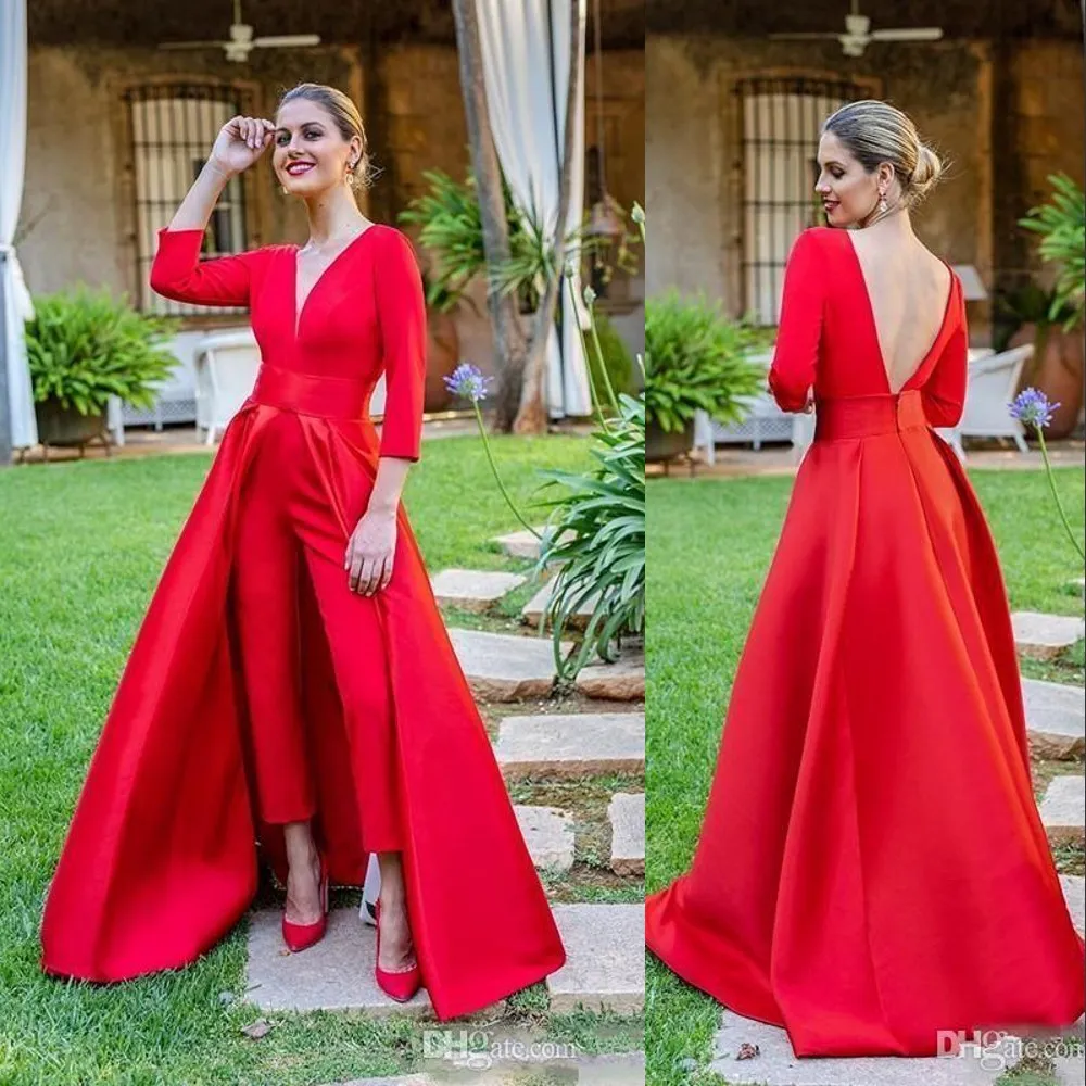 Romantic New Design Formal Red Evening Dresses Arabic Satin Suits Pants Deep V Neck With Overskirts Open Back Party Special Occasion Gowns