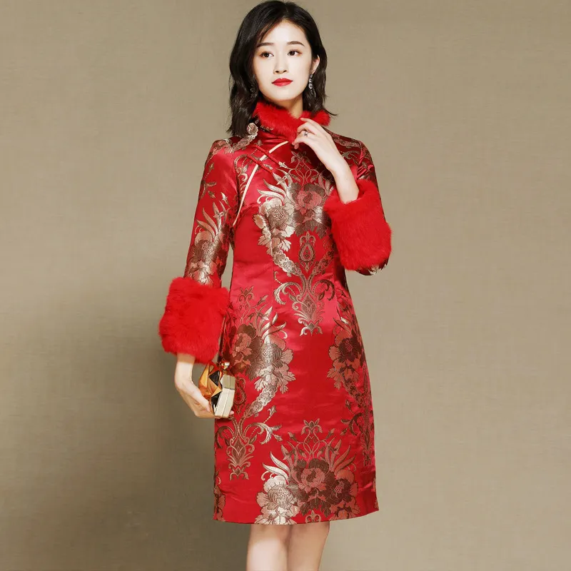 Red Winter Shanghai Story seta donna Qipao abito cinese manica lunga abito cheongsam asiatico lunghezza ginocchio abbigliamento etnico orientale