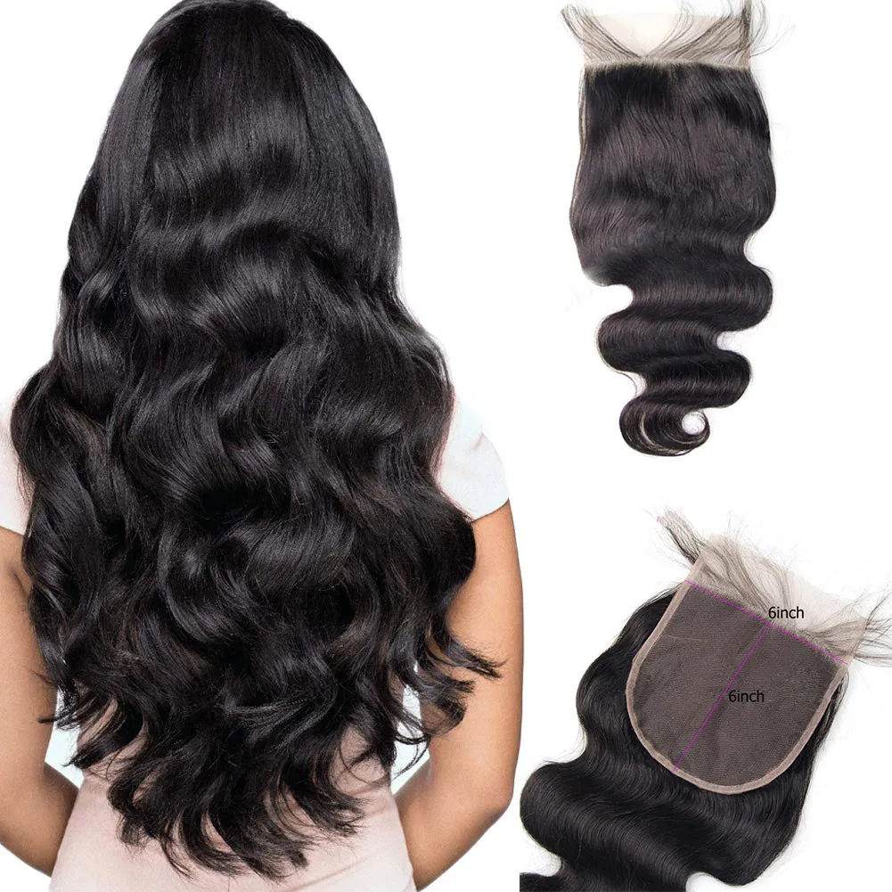 Premium Body Wave Lace Closure Human Hair - 6x6 Natural Color Swiss ...