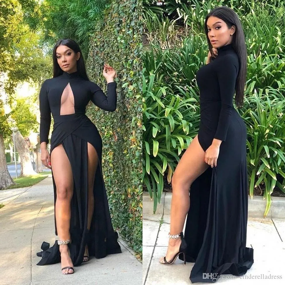 Seksi Siyah Yüksek Yan Bölünmüş Gelinlik Modelleri Yüksek Boyun Spandex Uzun Kollu Kat Süre Abiye Giyim resmi elbise ogstuff vestidos Özel