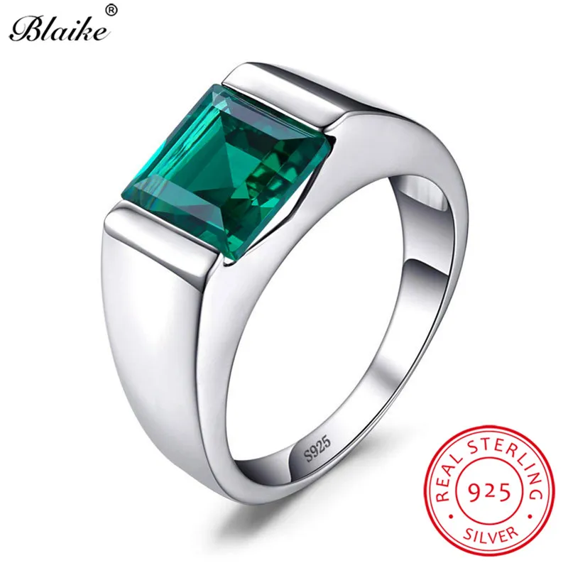 100% Real 925 Sterling Silver Rings For Men Women Square Green Emerald Blue Sapphire Birthstone Wedding Ring Fine Jewelry