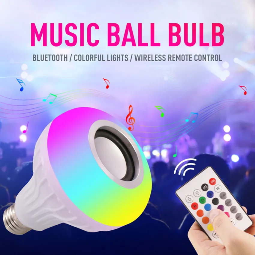 E27 Inteligentne światło LED Light RGB Bezprzewodowe głośniki Bluetooth Lampa żarówki Muzyka Odtwarzacz Dimmable 12W odtwarzacz muzyki Audio z 24 klawiszami pilotem