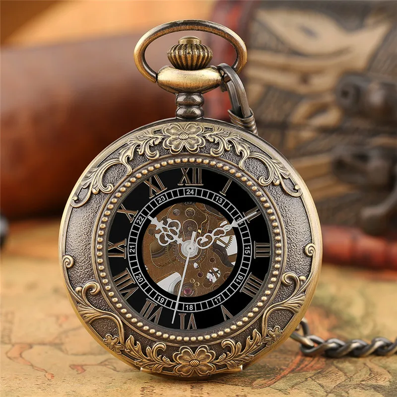 Orologio da taschino meccanico a carica manuale in bronzo classico Steampunk con coperchio scavato Orologio da uomo da donna con catena pendente Collezione Gi