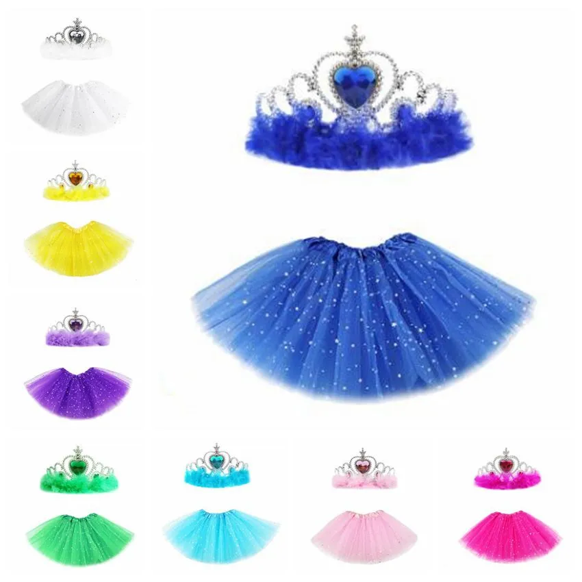 Ballet Fancy Pettiskirt Girls Tutu Skirts With Crown Princess Star Glitter Sequin Stage Dancewear Costume Summer Tulle Mini Dresses C7200