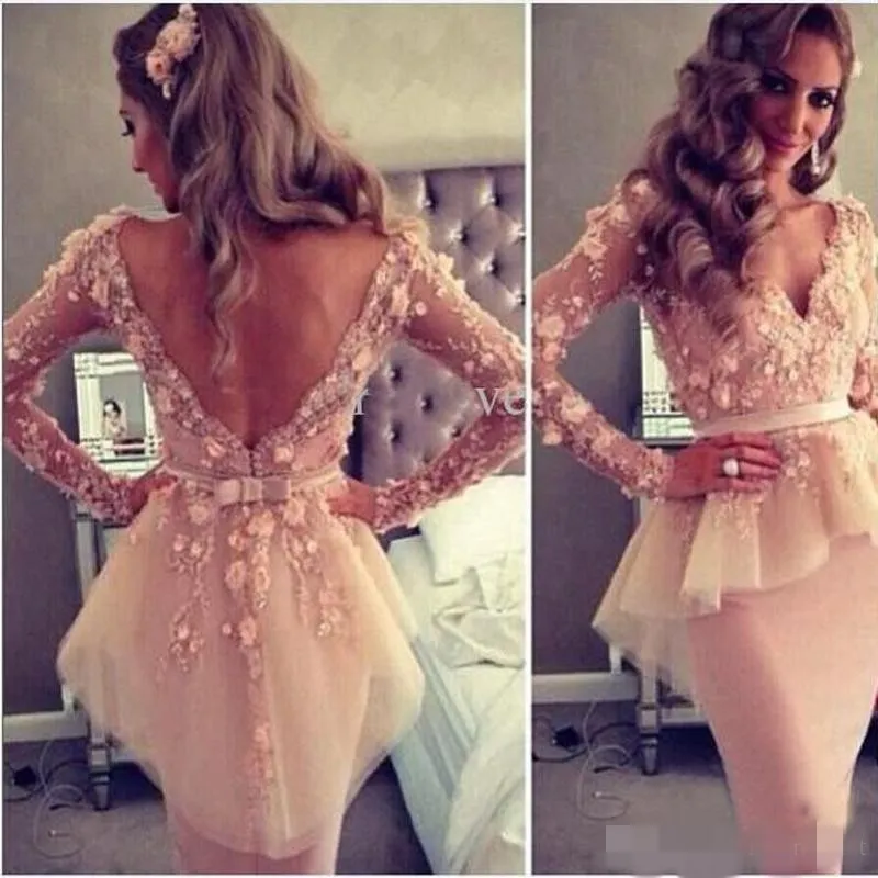 Cute Pink Homecoming Dresses Backless 3D Floral Applique Peplum Beaded Pearls Ribbon Tiered Organza Long Sleeves Tail Party Gown