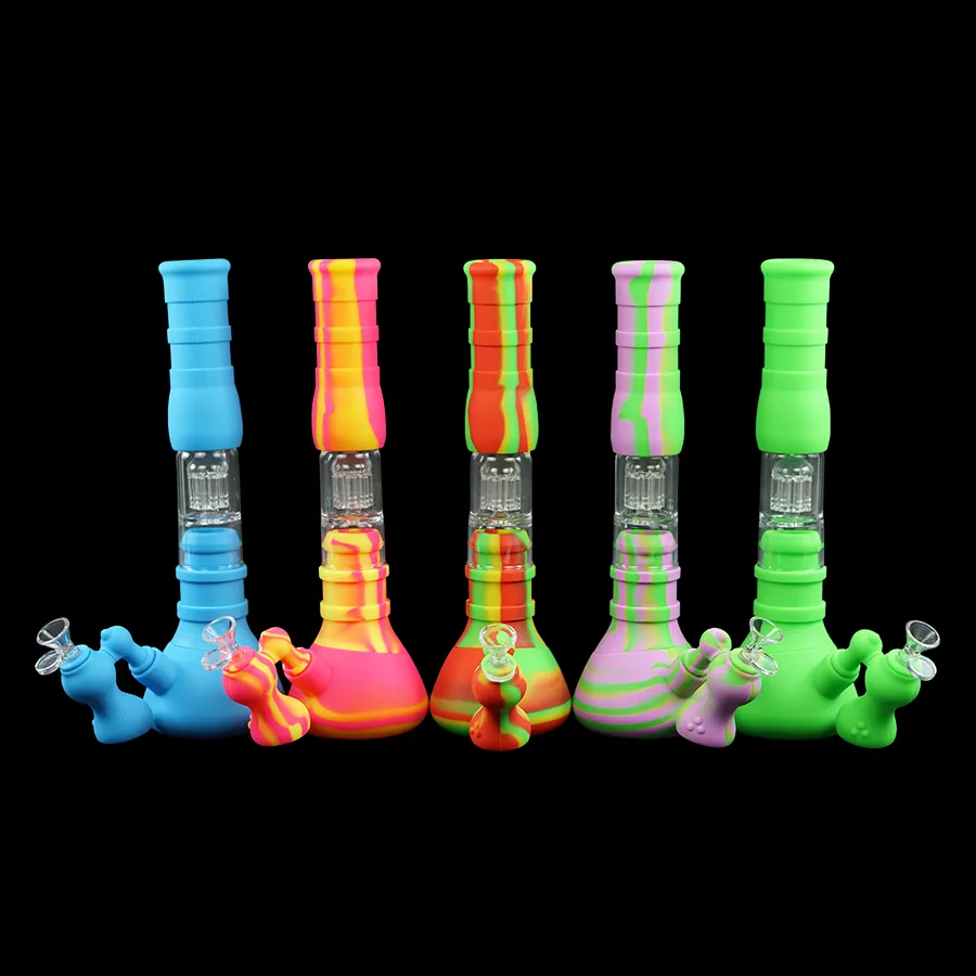 beaker Bong Hookah Set three-layer filtration water pipe percolator silicone tube 5 colors glass bongs water pipes dab rig 14mm joint size
