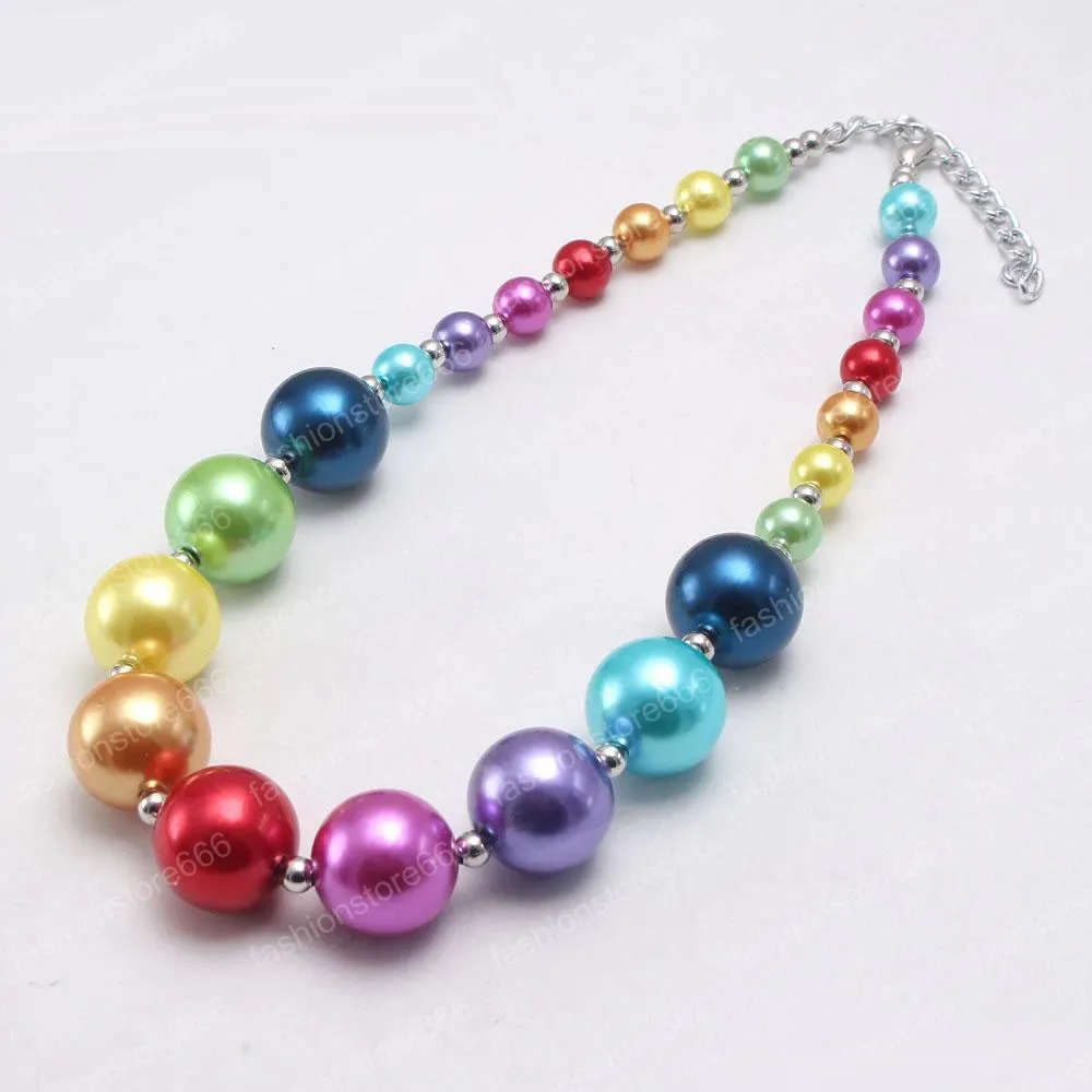 Rainbow Chunky Pearl Beads Necklace for Kids Fashion Bubblegum Bead Jewelry for Girls Silver Plated Acrylic Resin Gift