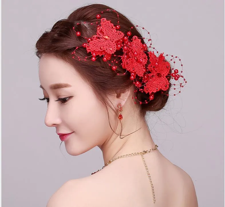 2019 Bridal Tiara Czerwony Koreański Styl Handmade Kwiat Głowy Akcesoria Do Włosów Koreańscy Wymiana Akcesoria Do Włosów Motyl Klips do włosów