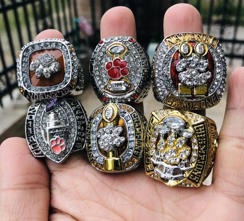 6 Pcs Clemson Tigers National Team Champions Championship Ring Set with Wooden Display Box Solid Men Fan Brithday Gift Wholesale 2020