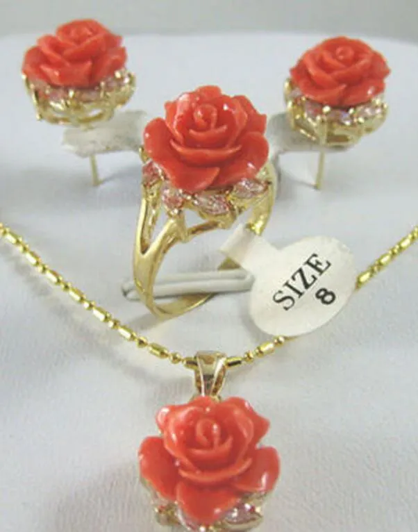 Biżuteria Hot Sprzedaj Nowy - Nowy Tybet Rose Coral Kwiat Wisiorek Kolczyk Zestaw Pierścień + Szybki Łańcuch 100% Naturalny Jade Noble Fine Żenek