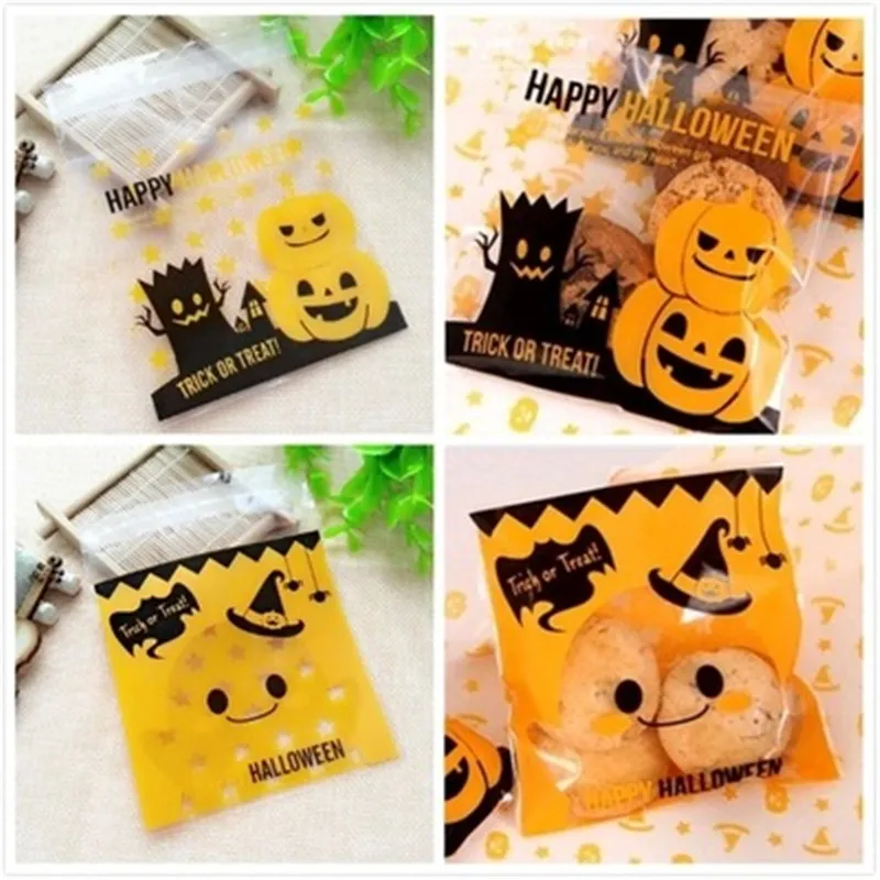 Halloween snoep zelfklevende zak pompoen zelfklevende biscuit snoep tas behandelen of truc cookie tas 100pcs / set