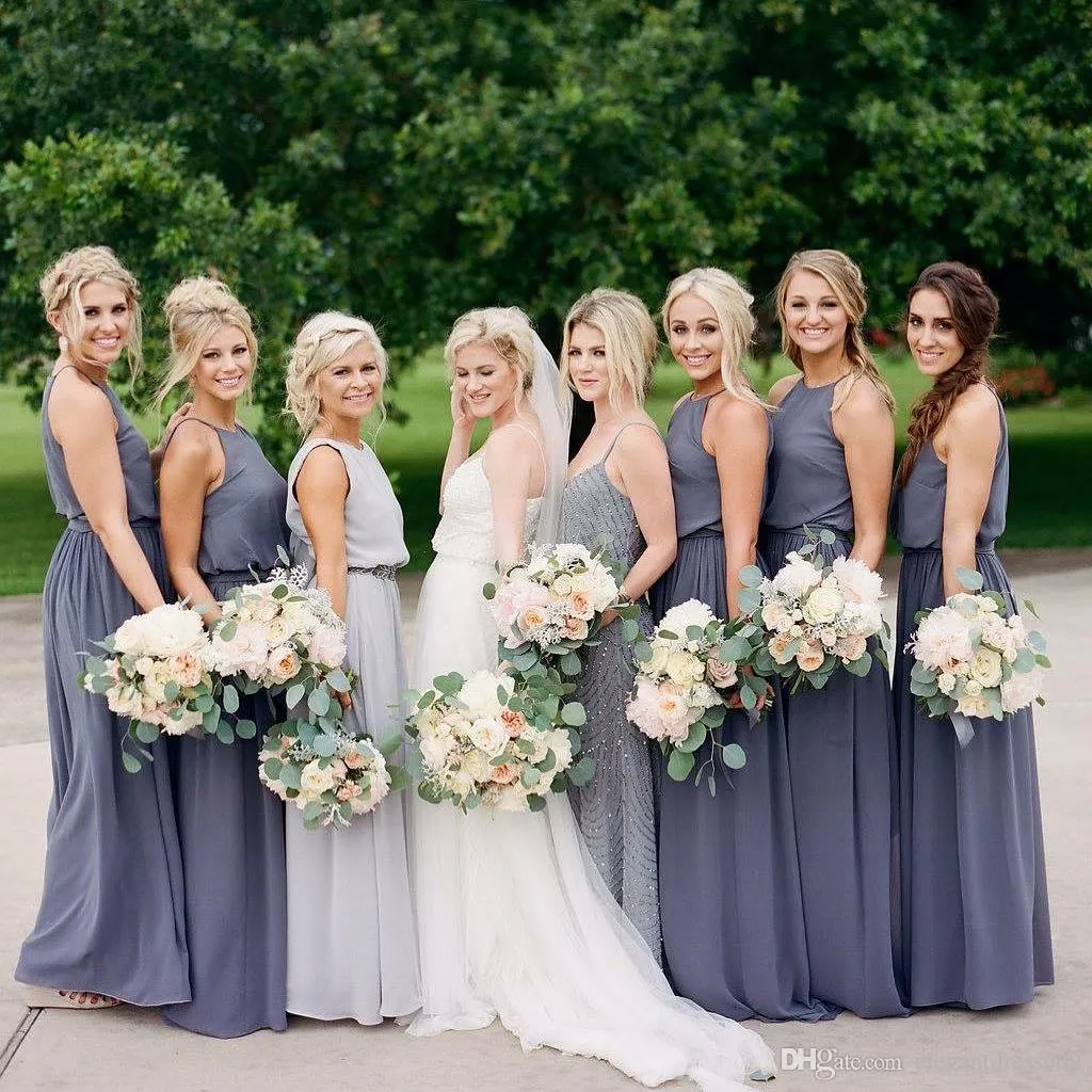 Gray New Arrival Cheap Bridesmaid Dresses Halter Neck Chiffon Sleeveless Floor Length Maid Of Honor Dress Pleats Wedding Party Gowns Custom