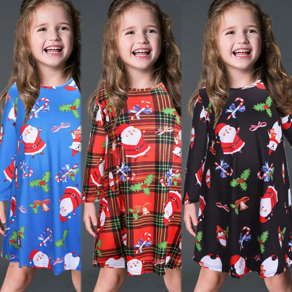 Mode Kids Design Jurk Lange Mouw Santa Claus Jurken Gift Christmas Xmas Flared Jurk voor meisjes Swing Casual Mini Dress