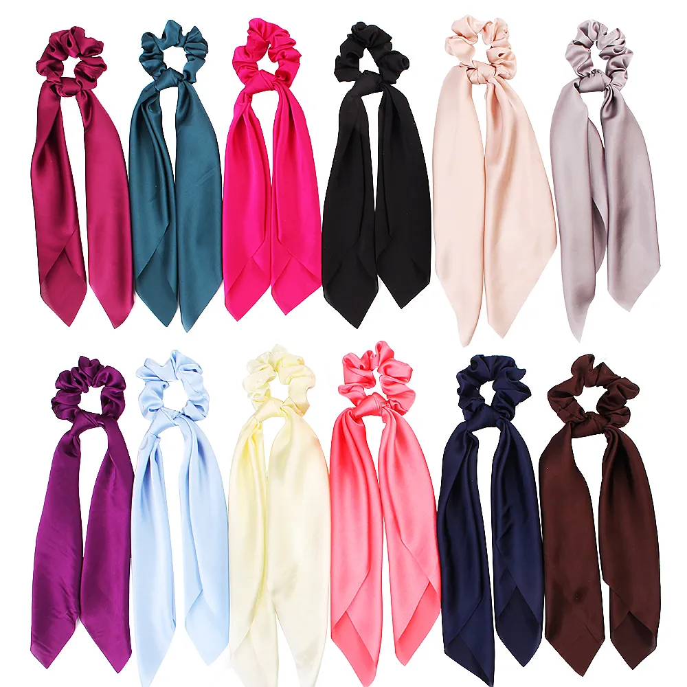 Scrunchie Streamer Tillbehör Kvinnor Tjej Ponytailhållare Elastiska Hårband Scrunchies Satin Ribbon Turban Horsetail Hårband 50PCS F415A