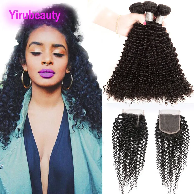 Malaisiens 3 Bundles Avec 4X4 Dentelle Fermeture Crépus Bouclés Wwefts de Cheveux Humains Avec Top Fermetures 95-100g/pièce Extensions de Cheveux