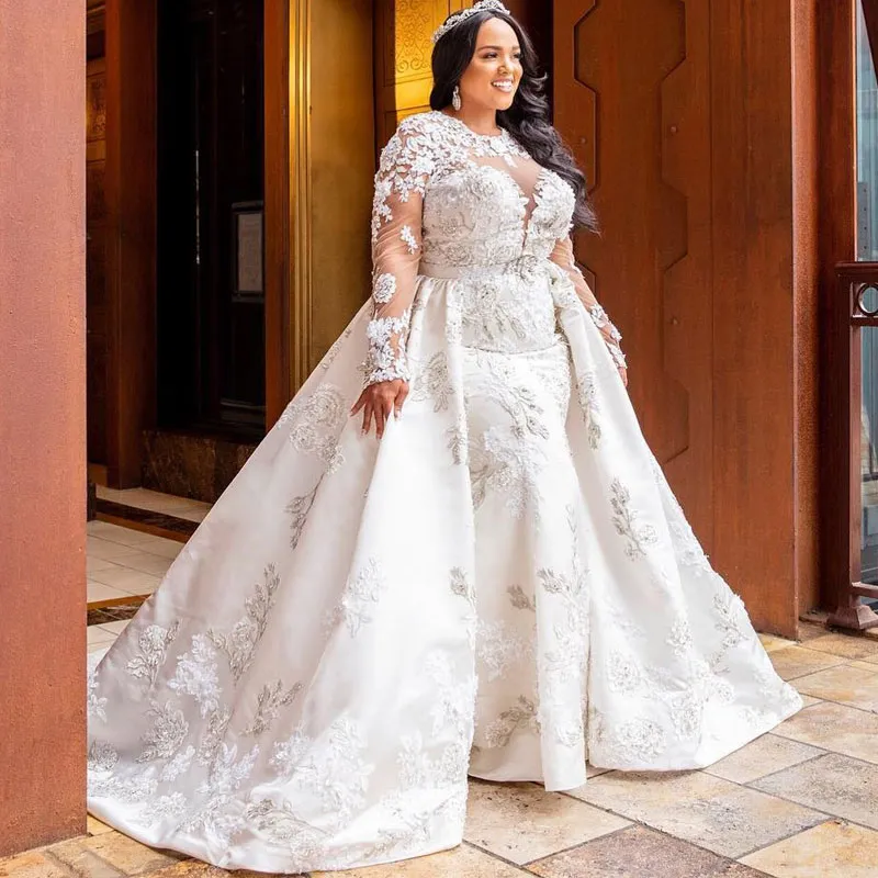 Fabulous Plus Size Zeemeermin Kant Trouwjurken Met Afneembare Trein Juweel Hals Kralen Lange Mouwen Bruidsjurken Tule Vestido De Novia